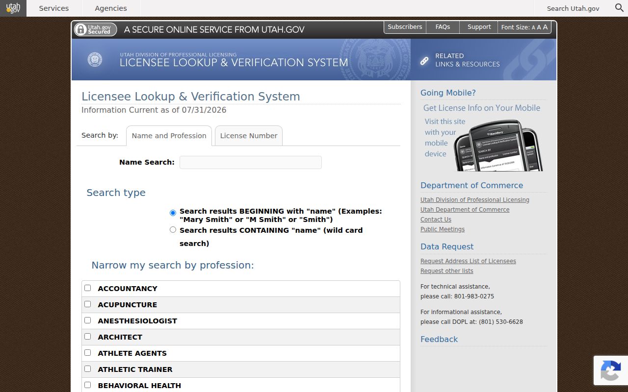 Kearns people search using Utah professional license verification