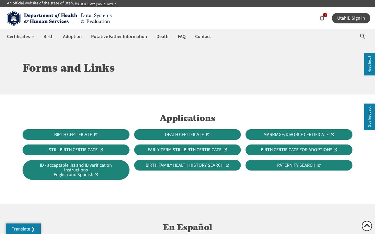Kearns vital records forms for Utah certificates